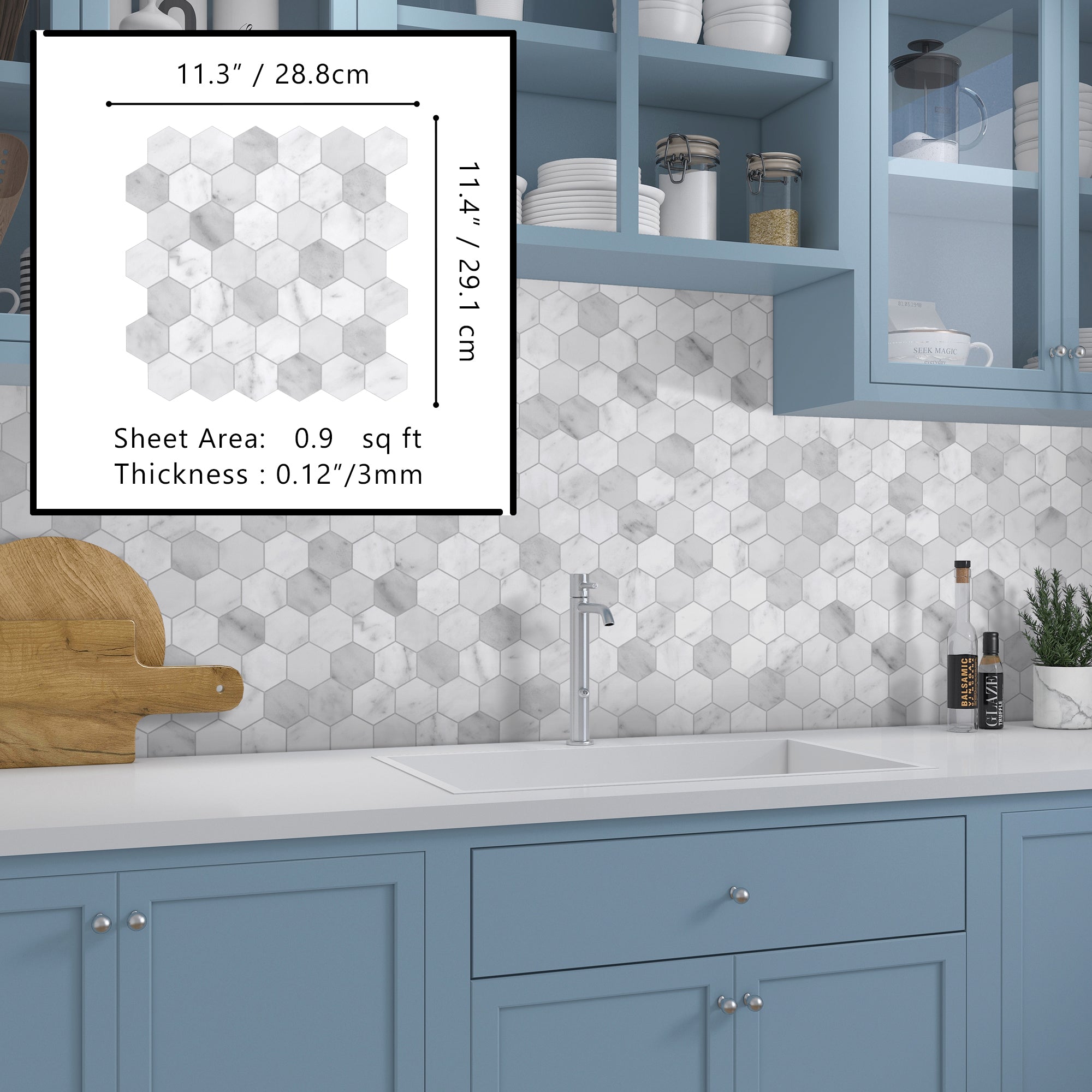 2" Hexagon Carrara White Peel and Stick Backsplash Tile
