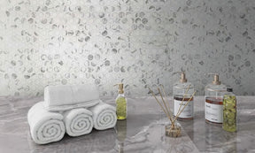 Penny Round Carrara White Recycled Glass Floor And Wall Mosaic Tile