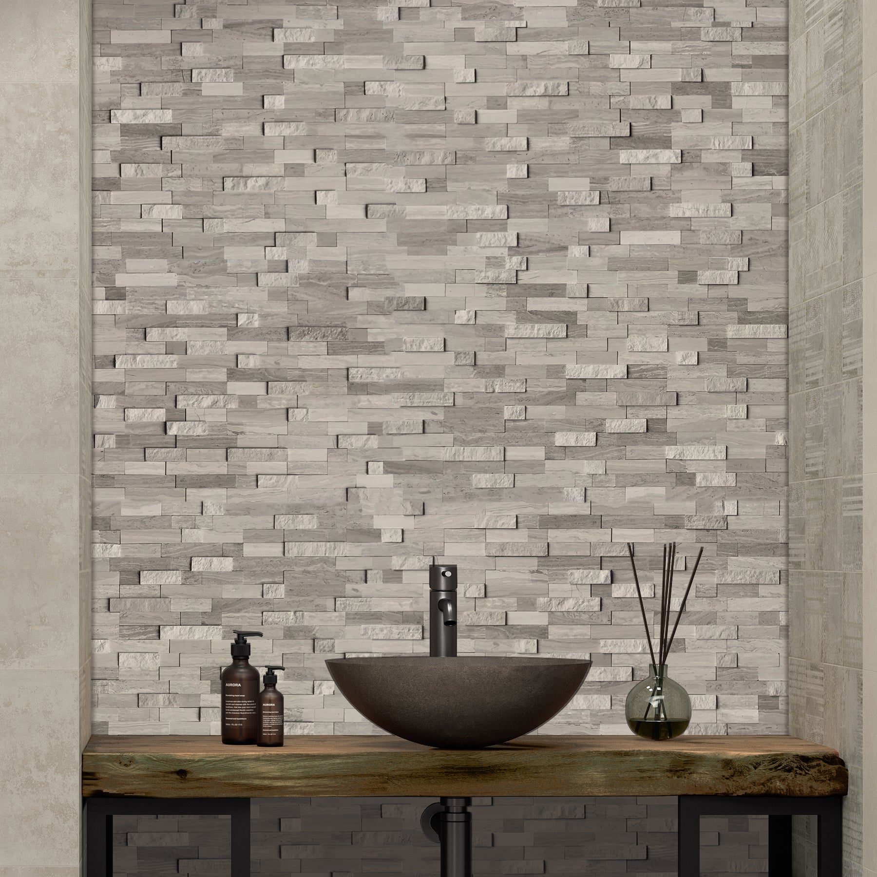 3D Grey Wood Natural Marble Peel and Stick Tile