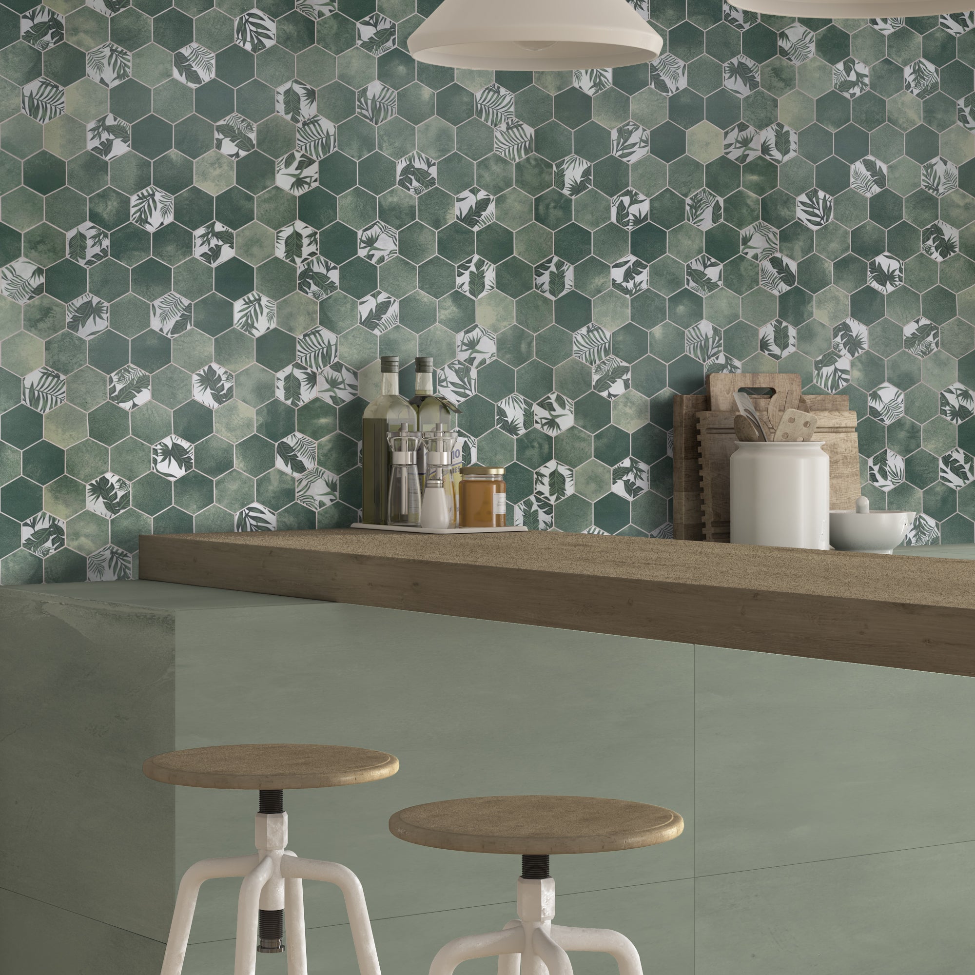 2" Hex Botanical Green Peel and Stick Backsplash Tile