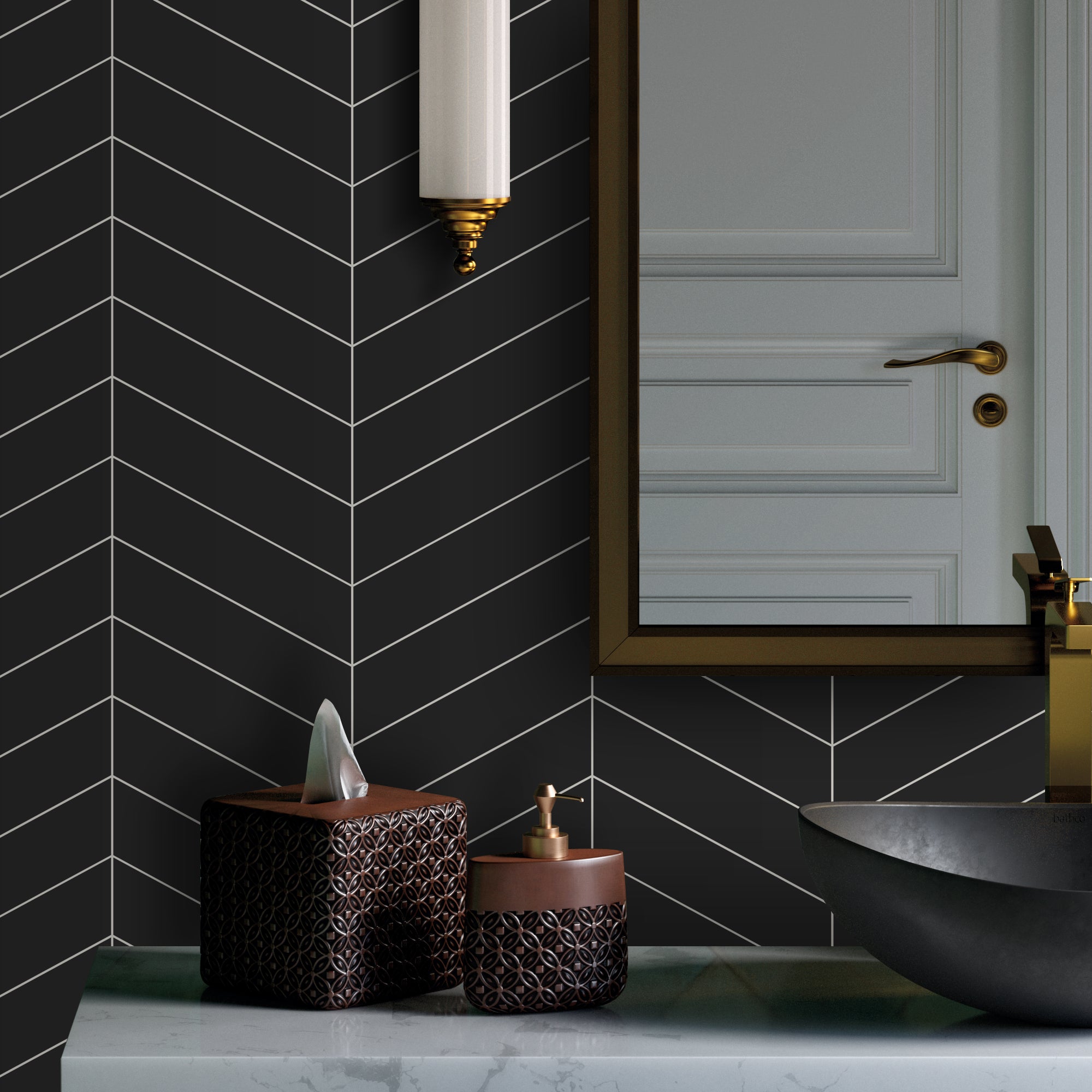 12.2" x 13.4" Chevron Black Peel and Stick Tile