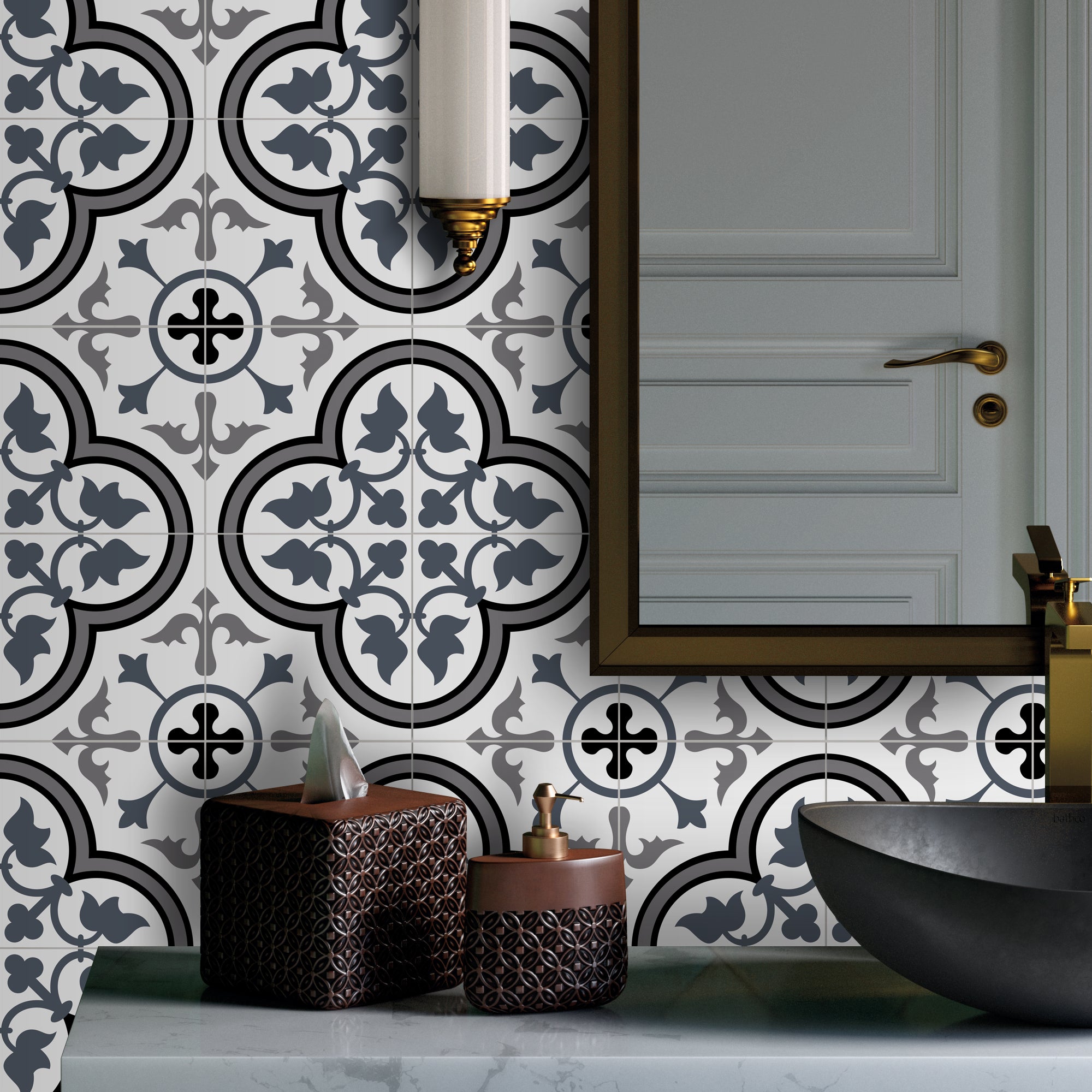 Encaustic Patterned White and Blue Peel and Stick Tile