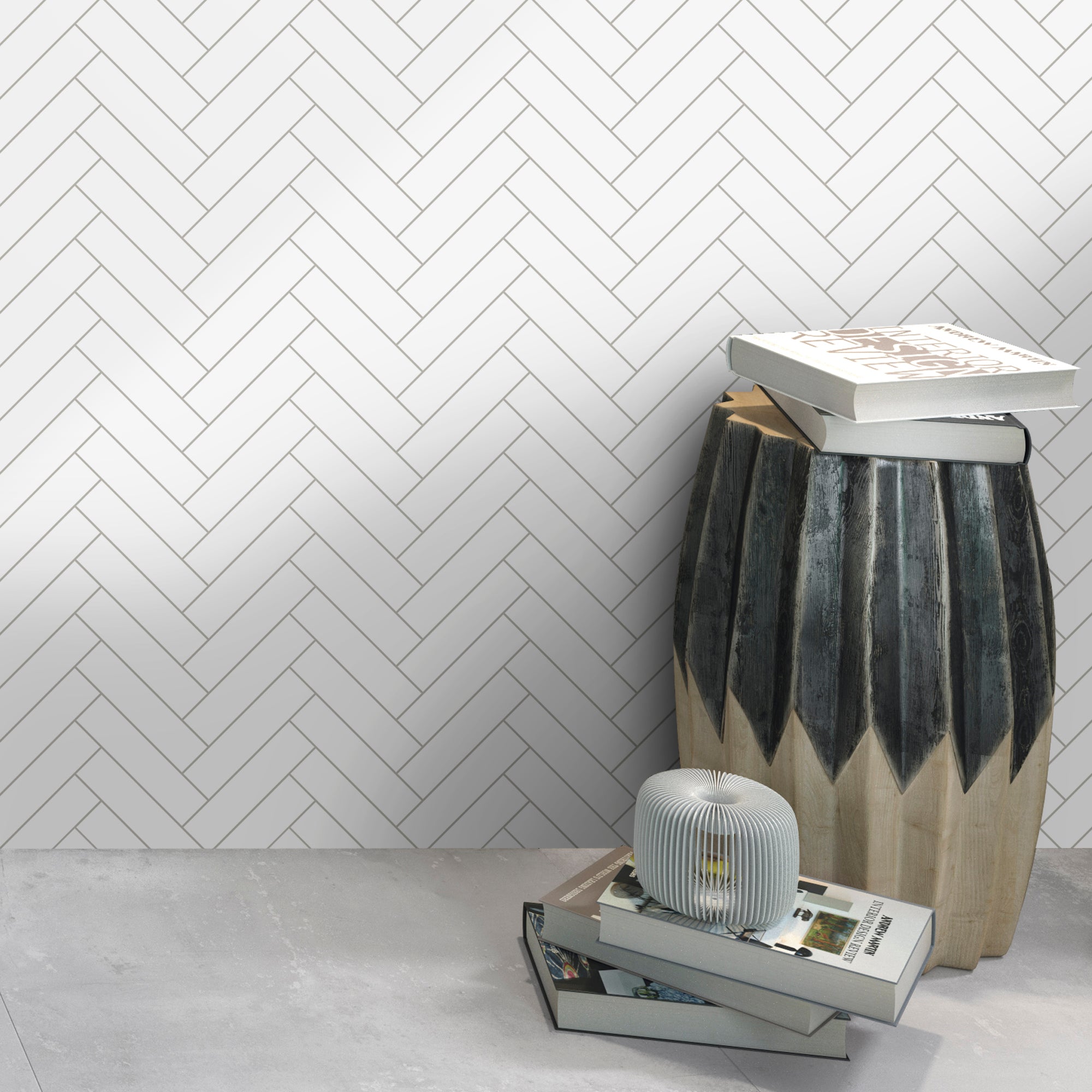Herringbone White Peel and Stick Backsplash Tile