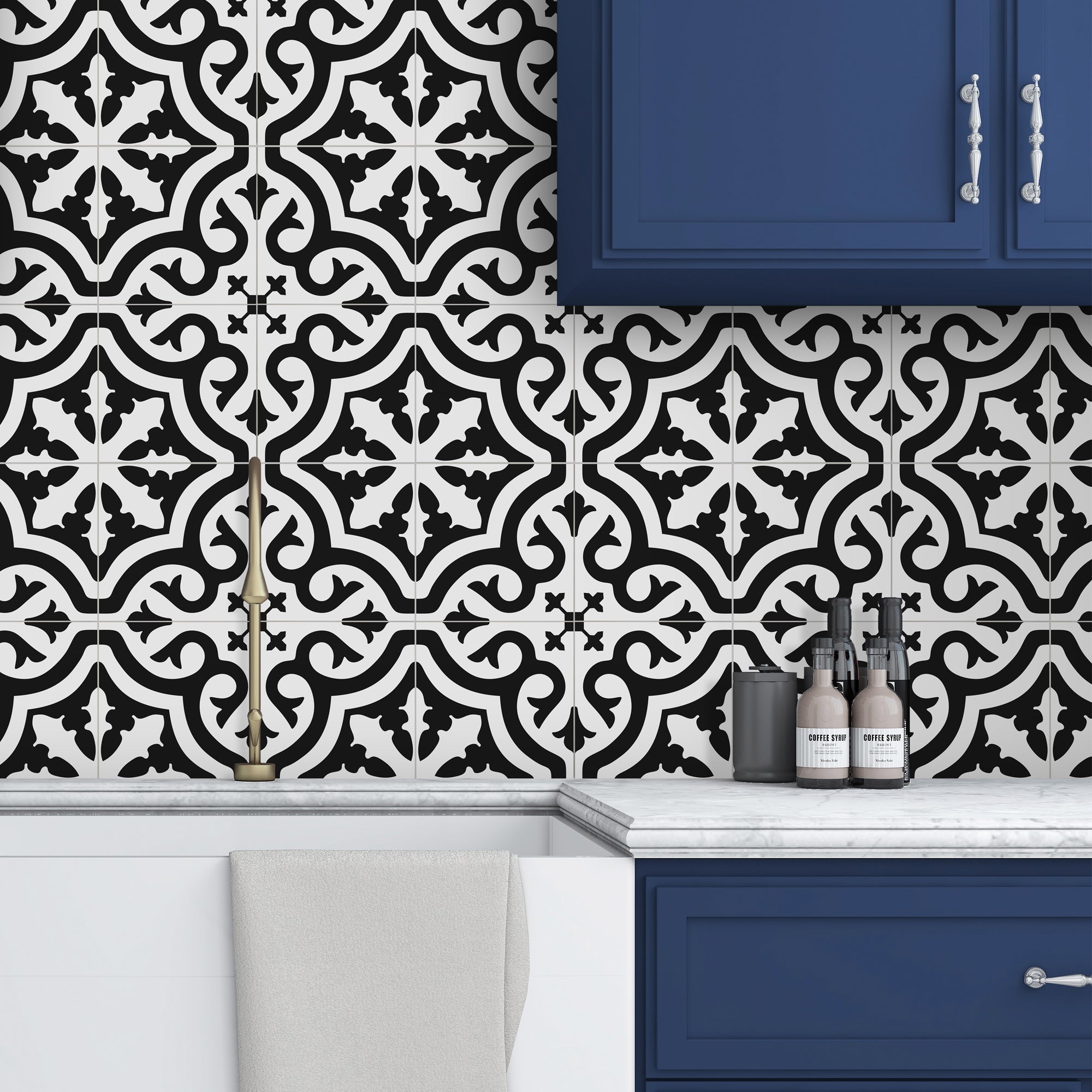 Encaustic Patterned Black and White Peel and Stick Tile