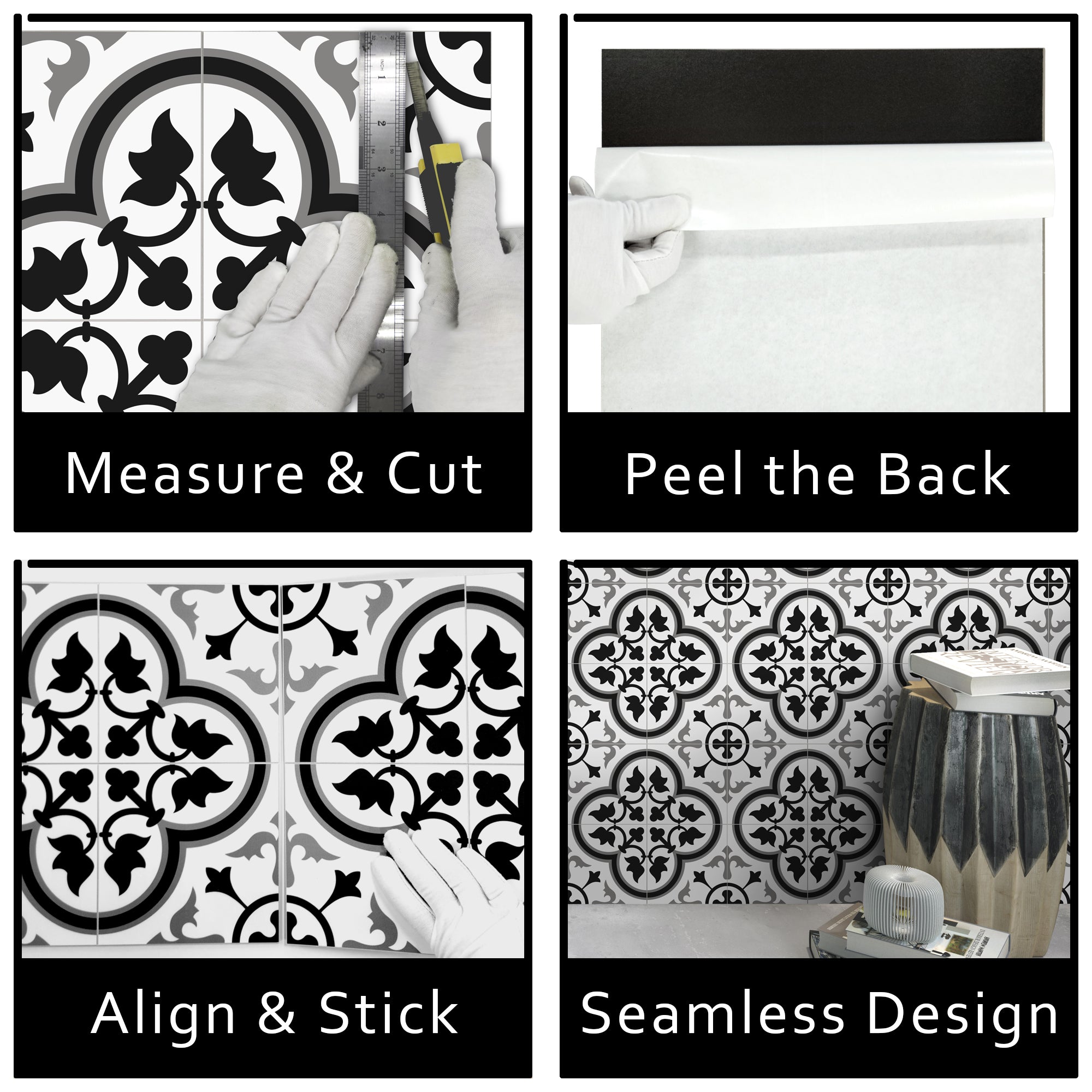 Encaustic Patterned White and Grey Peel and Stick Tile
