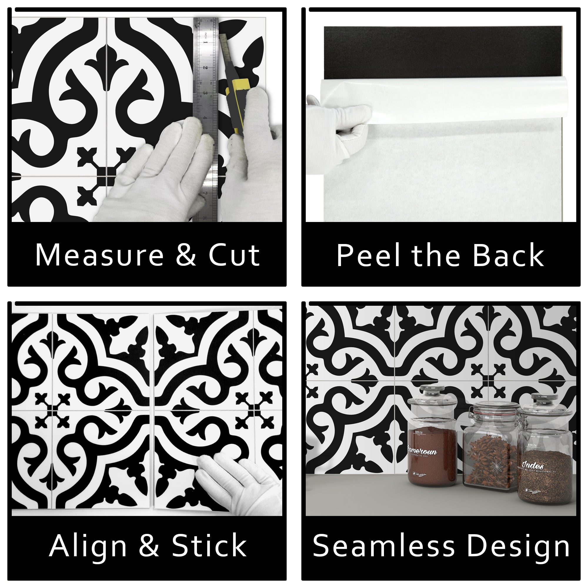 Encaustic Patterned Black and White Peel and Stick Tile