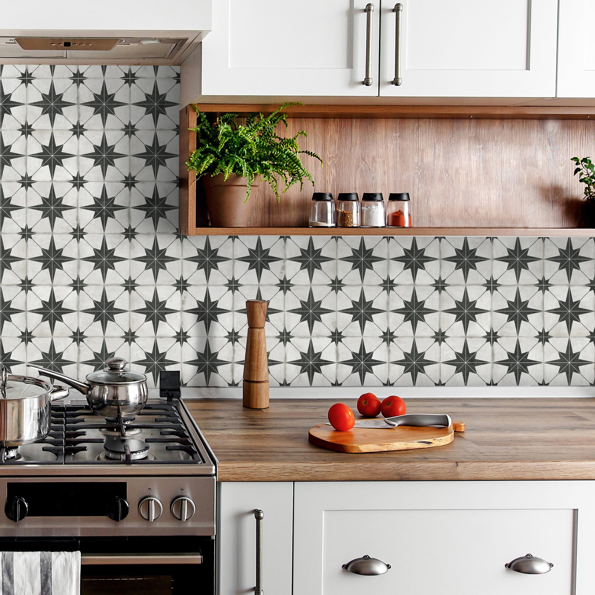Encaustic Patterned Beige Star Peel and Stick Backsplash Tile
