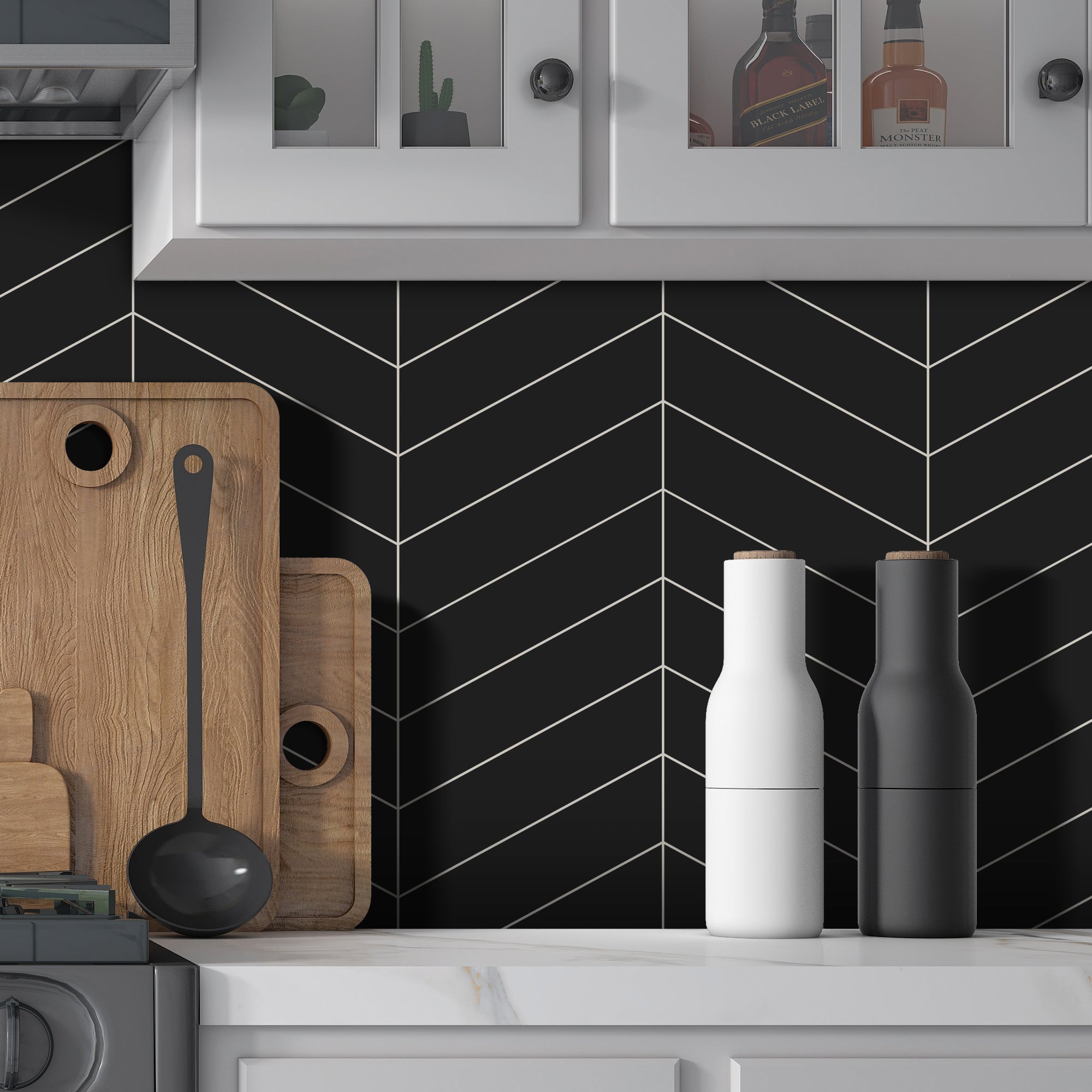 12.2" x 13.4" Chevron Black Peel and Stick Tile