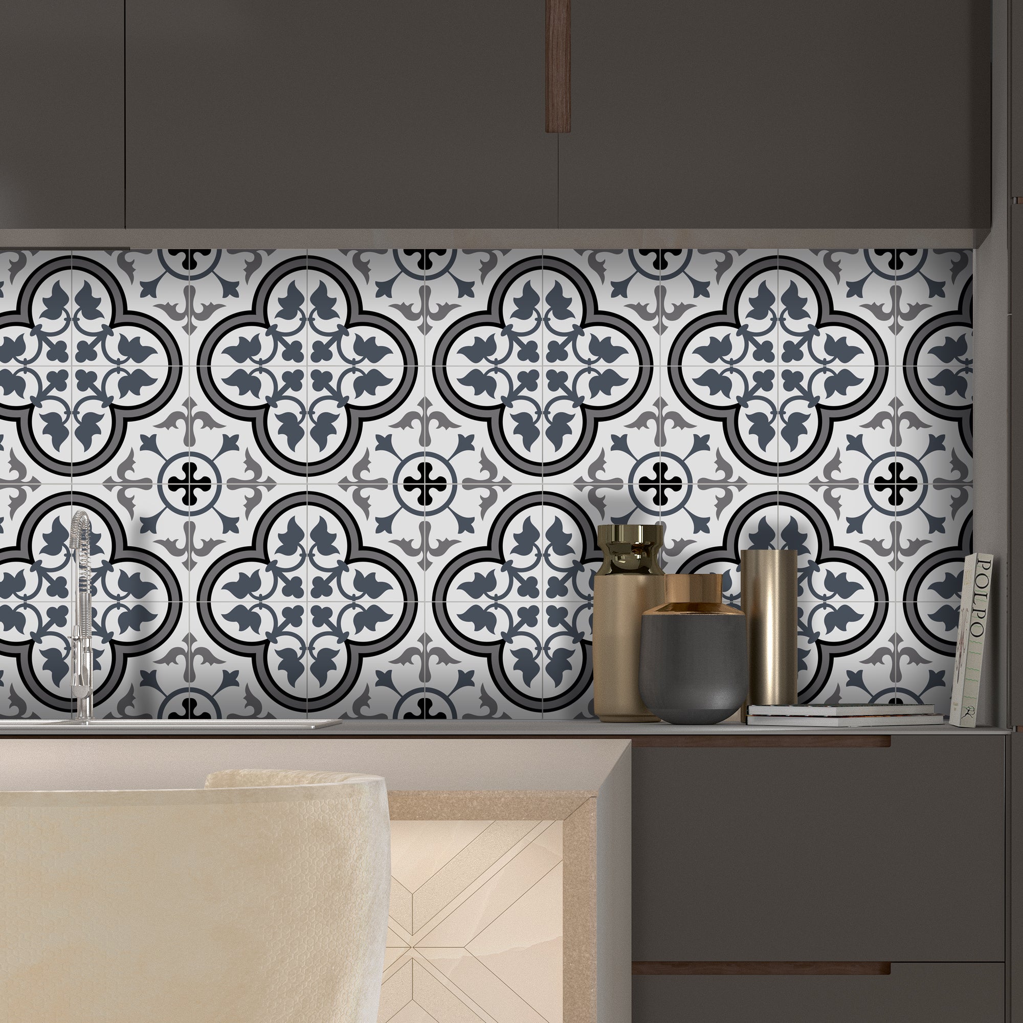 Encaustic Patterned White and Blue Peel and Stick Tile