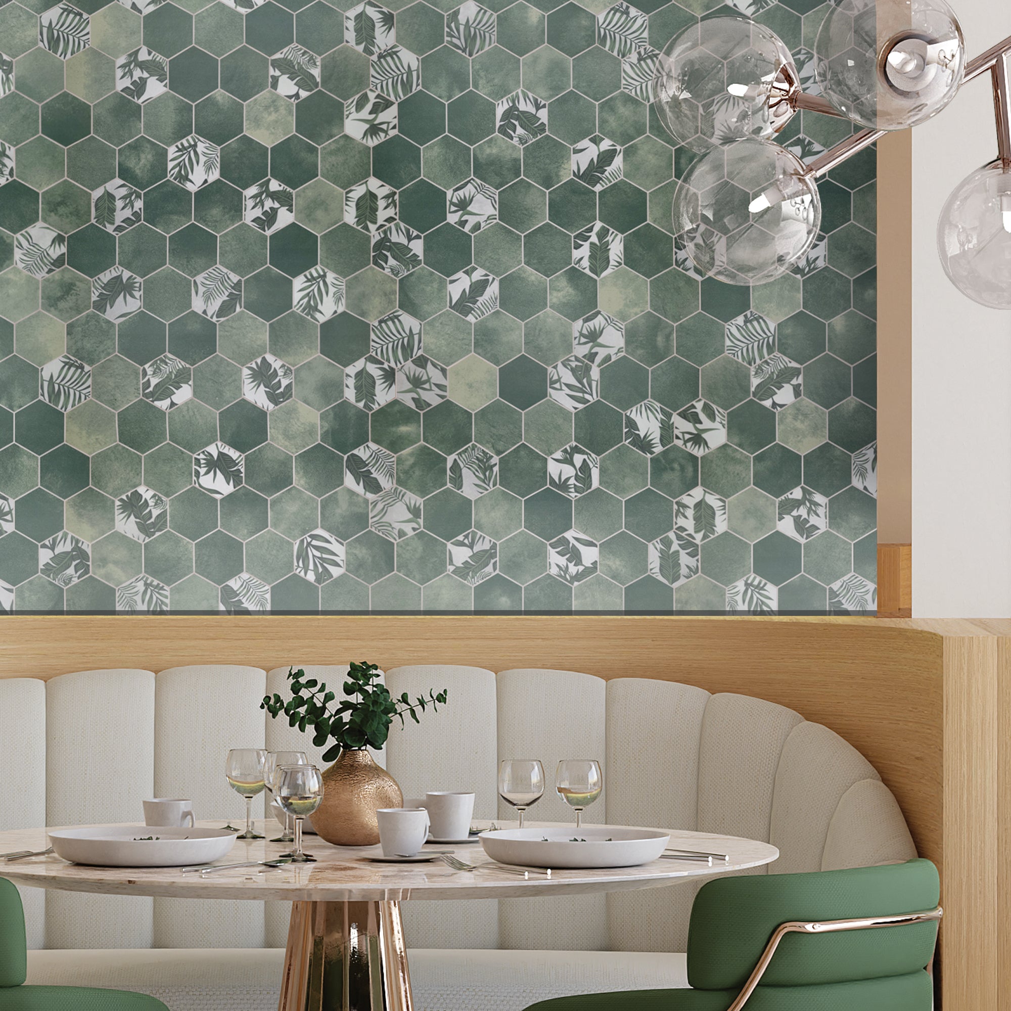 2" Hex Botanical Green Peel and Stick Backsplash Tile