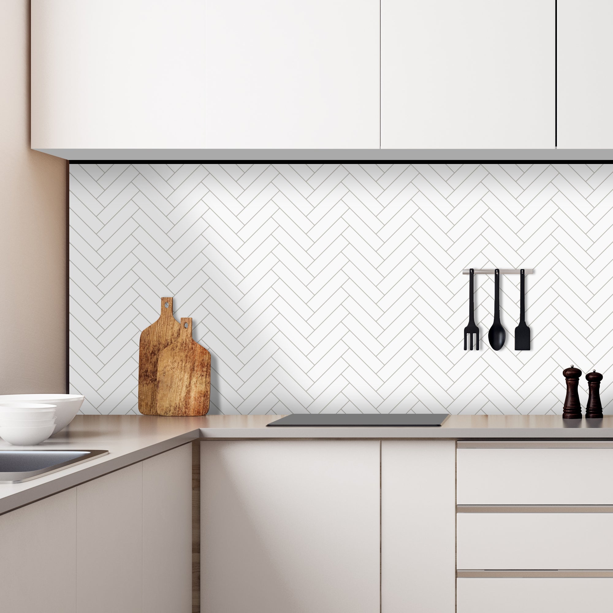 Herringbone White Peel and Stick Backsplash Tile