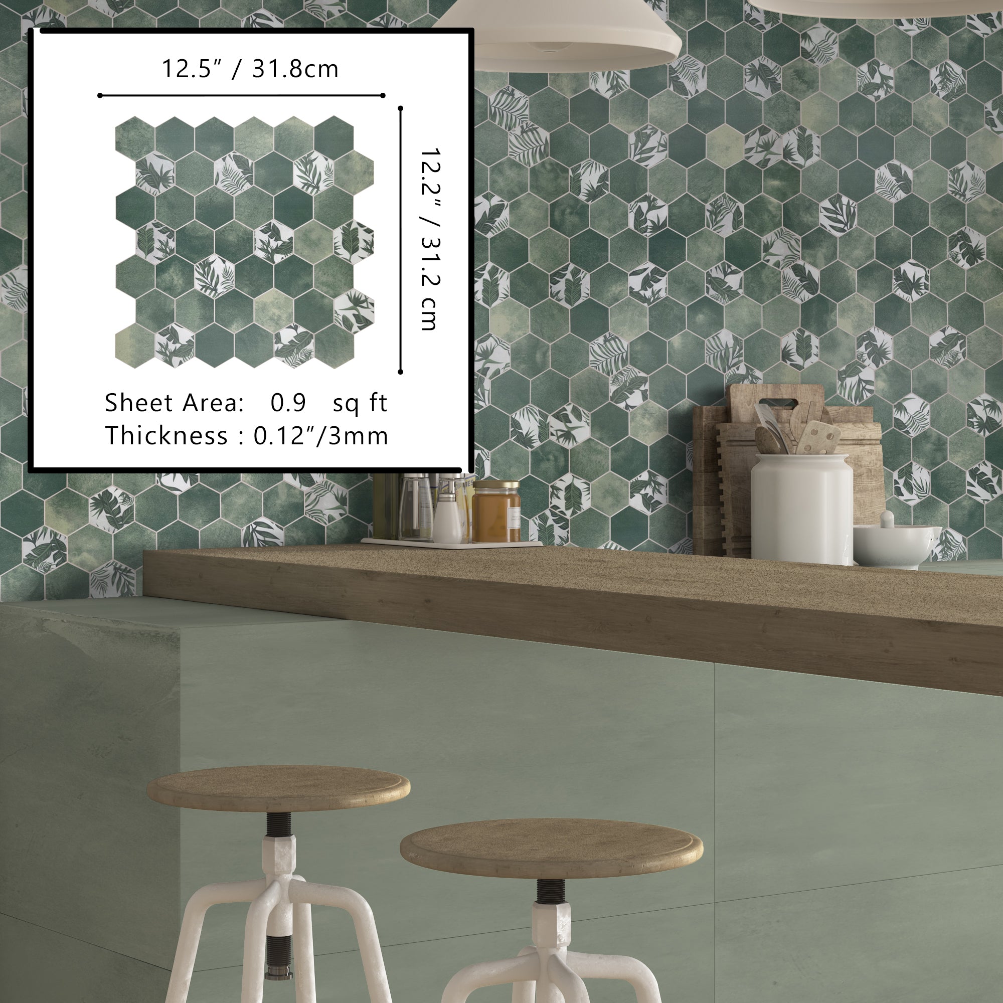 2" Hex Botanical Green Peel and Stick Backsplash Tile