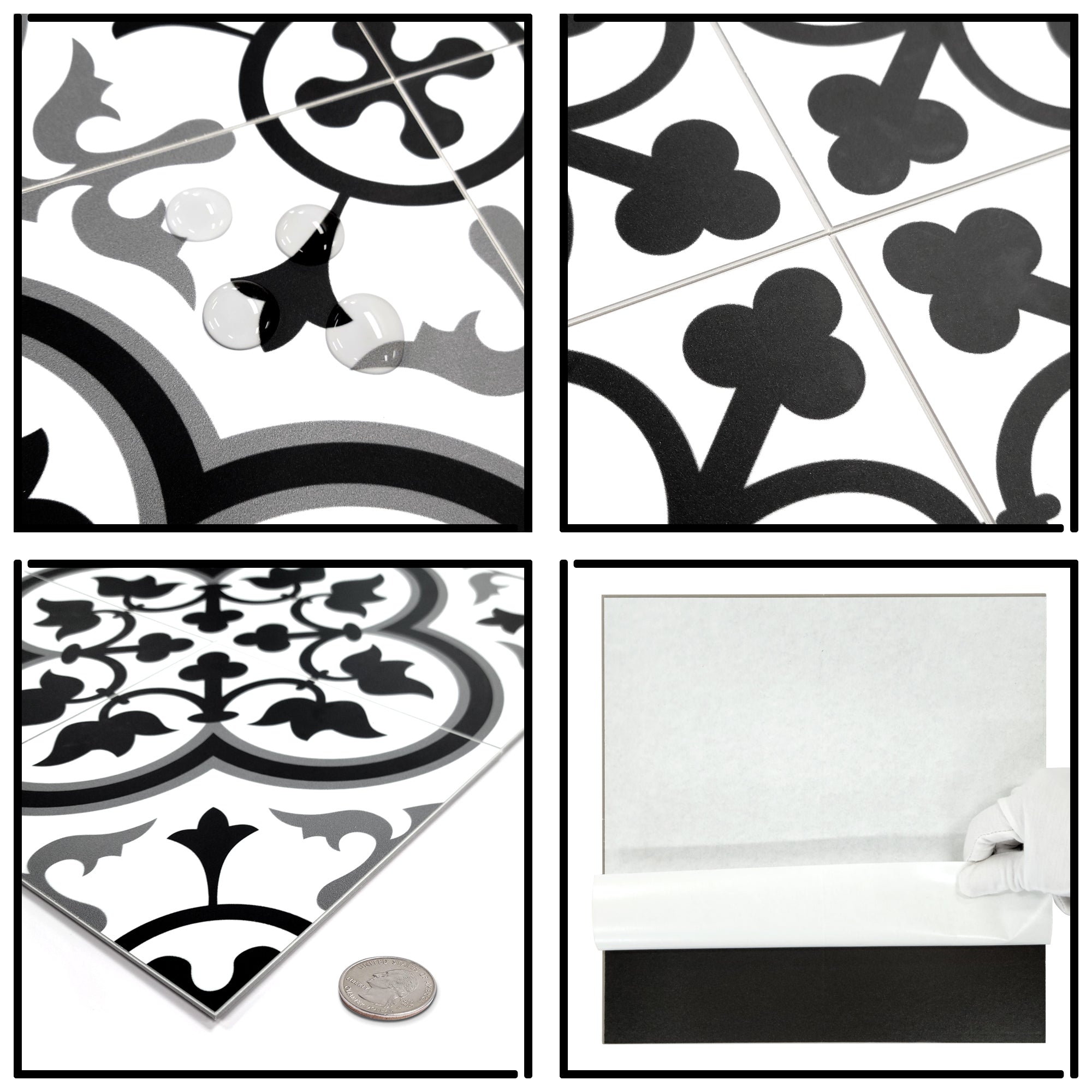 Encaustic Patterned White and Grey Peel and Stick Tile