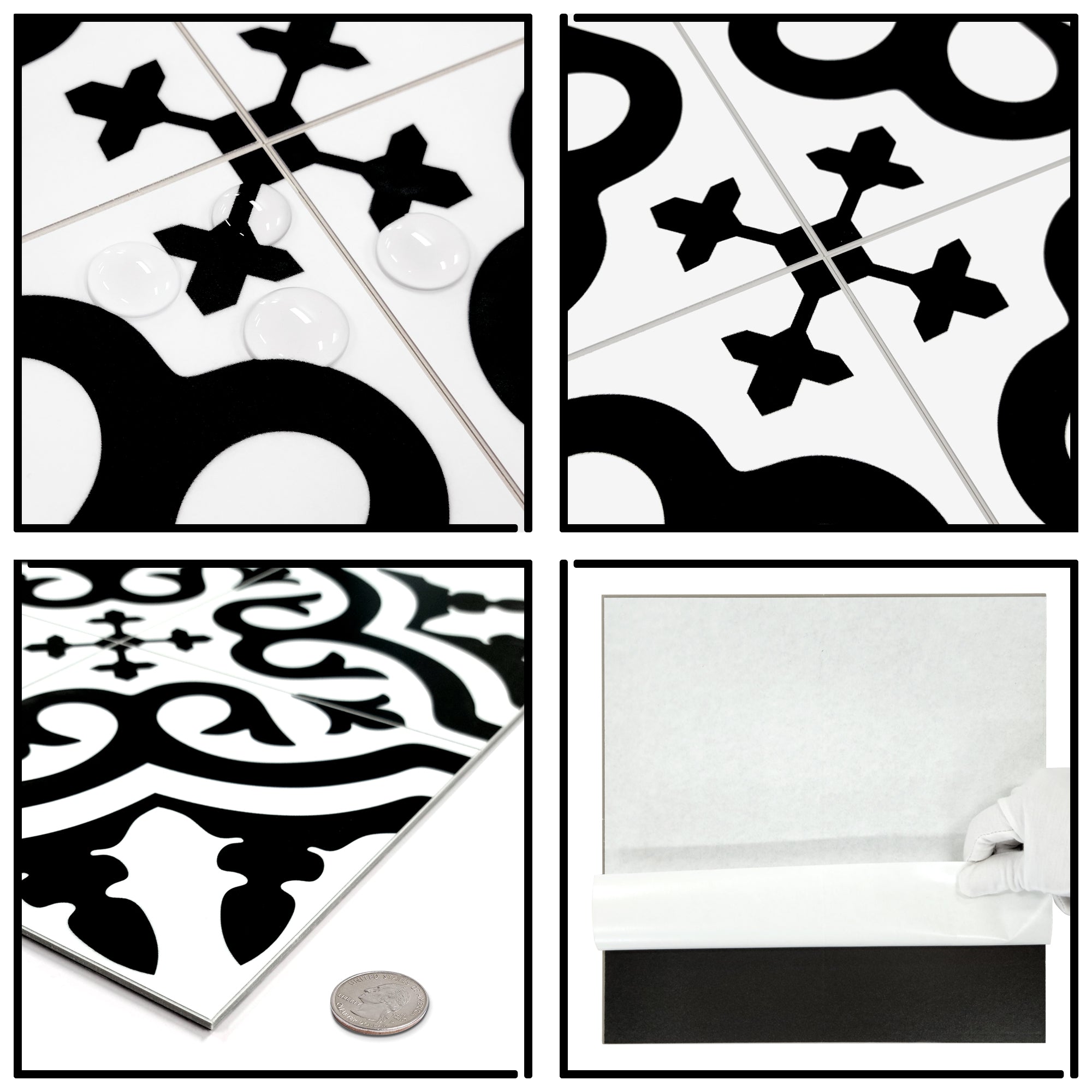 Encaustic Patterned Black and White Peel and Stick Tile