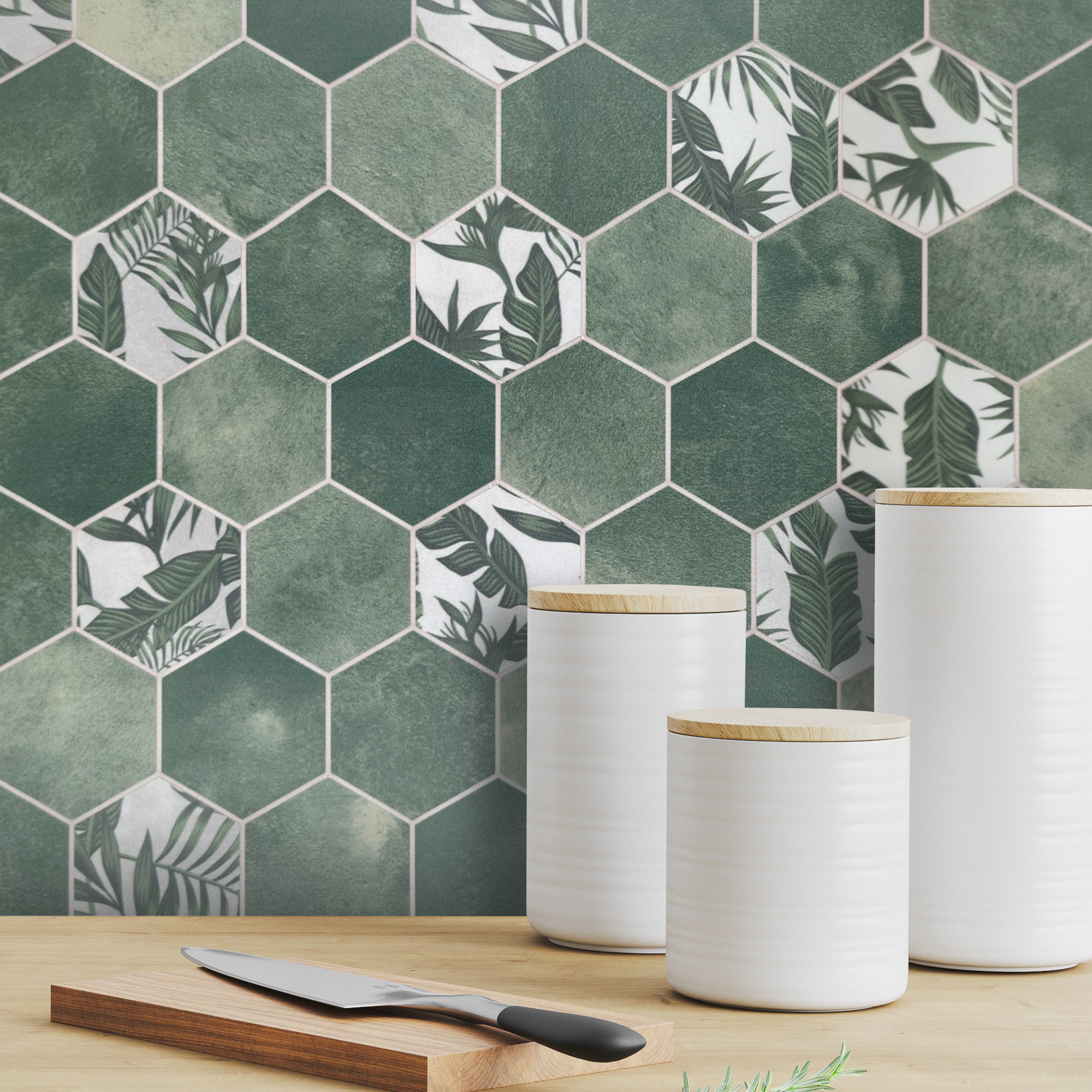 2" Hex Botanical Green Peel and Stick Backsplash Tile