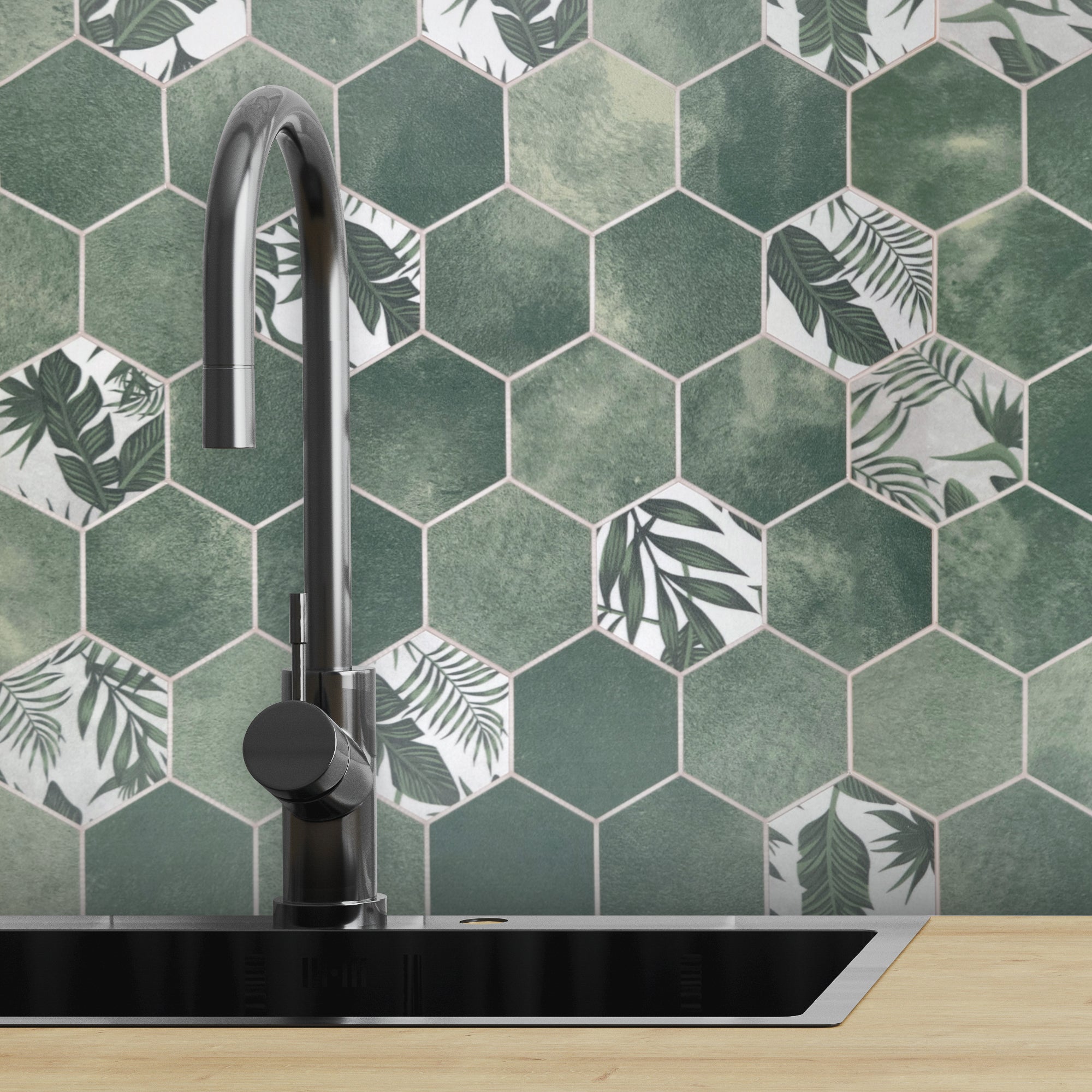 2" Hex Botanical Green Peel and Stick Backsplash Tile