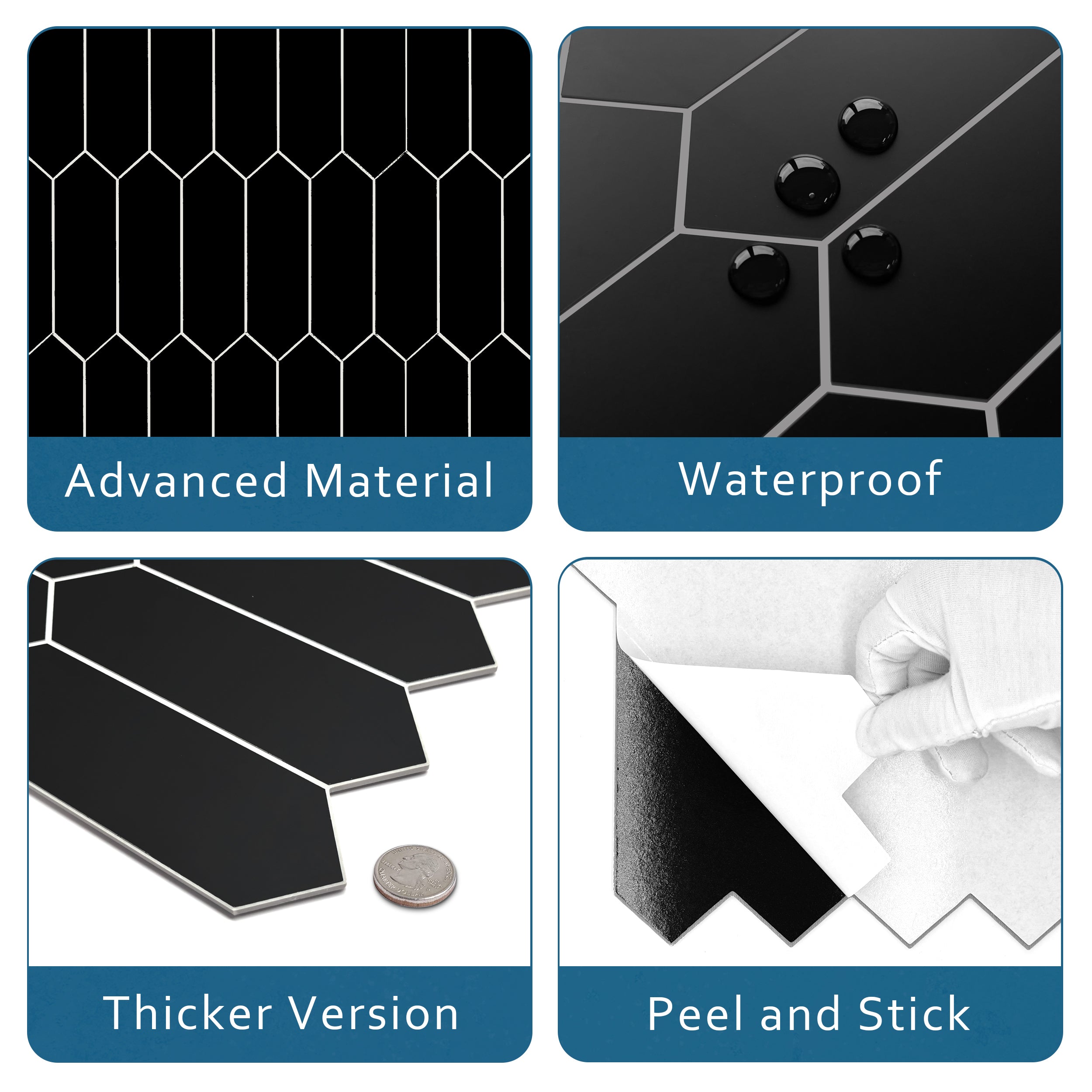 Black Picket Long Hexagon Peel and Stick Tile