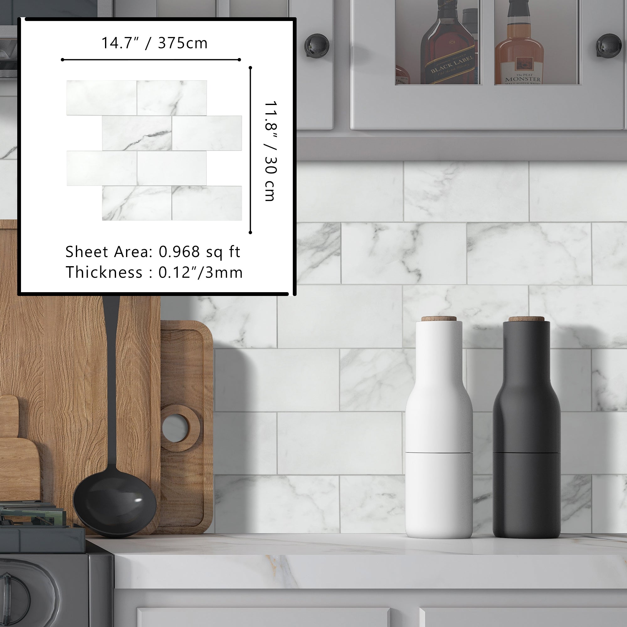 3x6" Calacatta White Peel and Stick Tile